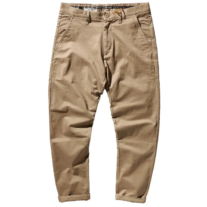 Men's American Retro Heavyweight Woven Casual Tooling Pants - Slim Elastic Washed Old Twill Khaki Straight Trousers
