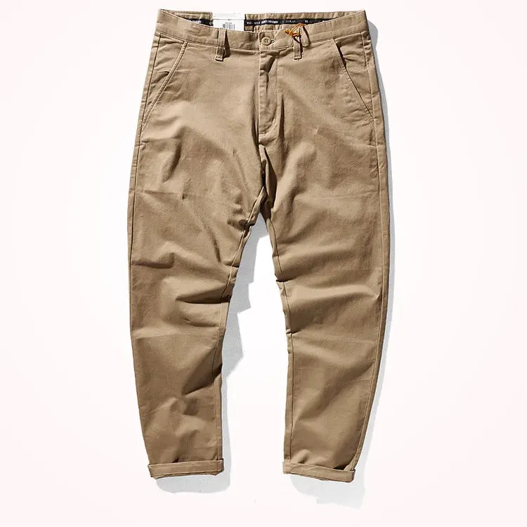 Men's American Retro Heavyweight Woven Casual Tooling Pants - Slim Elastic Washed Old Twill Khaki Straight Trousers