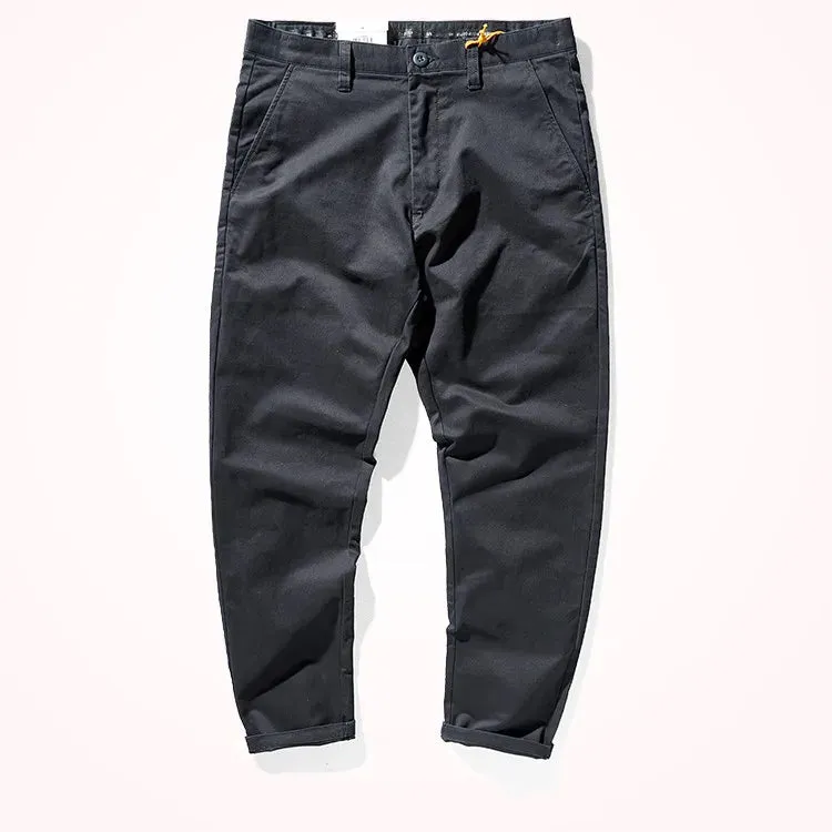 Men's American Retro Heavyweight Woven Casual Tooling Pants - Slim Elastic Washed Old Twill Khaki Straight Trousers