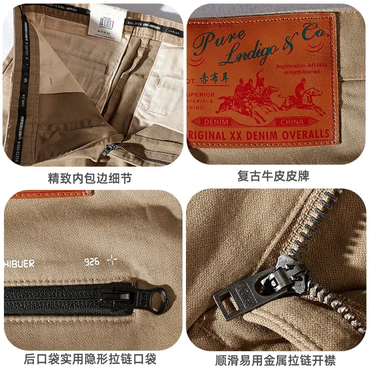 Men's American Retro Heavyweight Woven Casual Tooling Pants - Slim Elastic Washed Old Twill Khaki Straight Trousers