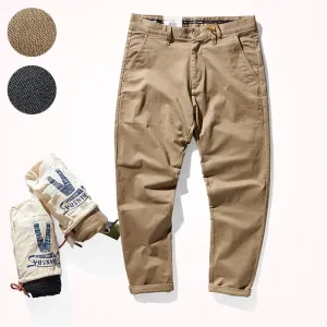 Men's American Retro Heavyweight Woven Casual Tooling Pants - Slim Elastic Washed Old Twill Khaki Straight Trousers