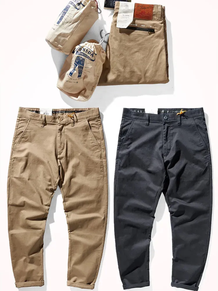 Men's American Retro Heavyweight Woven Casual Tooling Pants - Slim Elastic Washed Old Twill Khaki Straight Trousers
