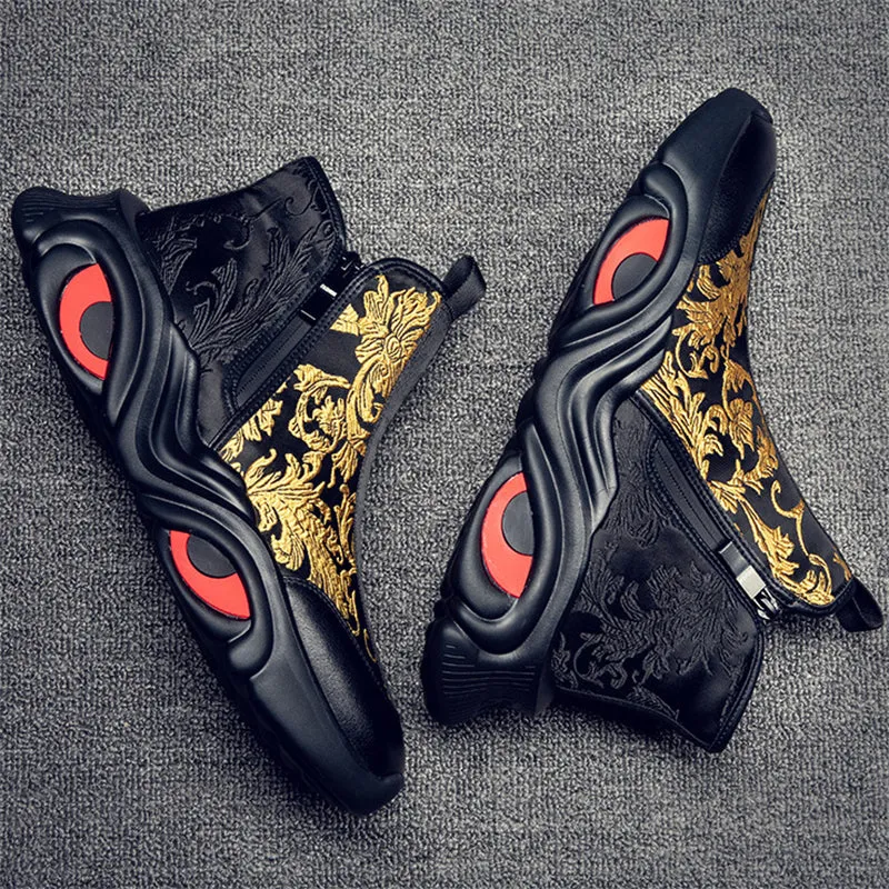 Men's Gold Leaf Embroidery Red Eye High-Top Sneakers