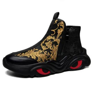 Men's Gold Leaf Embroidery Red Eye High-Top Sneakers