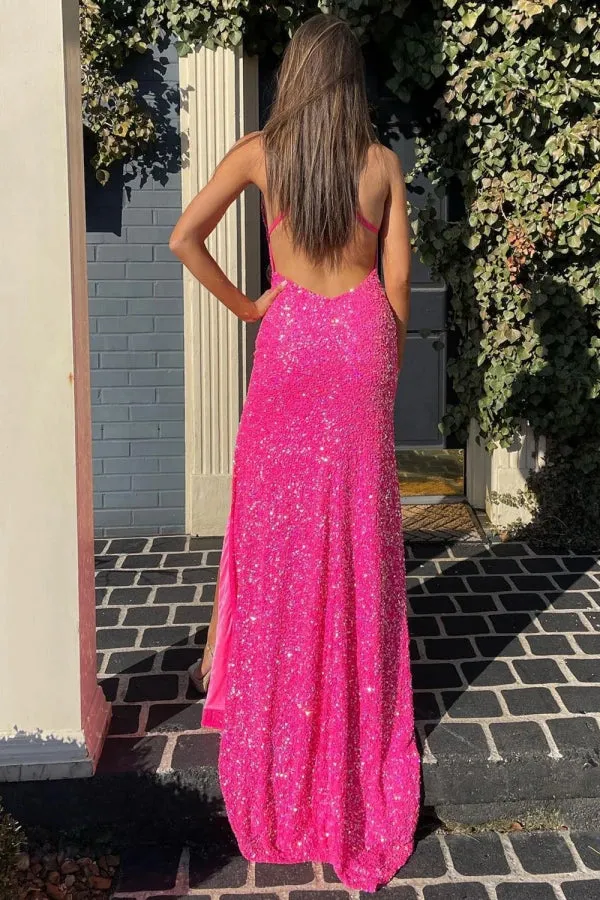 Mermaid Neck Sequins Long Split Front Hot Pink Prom Dress TP1377