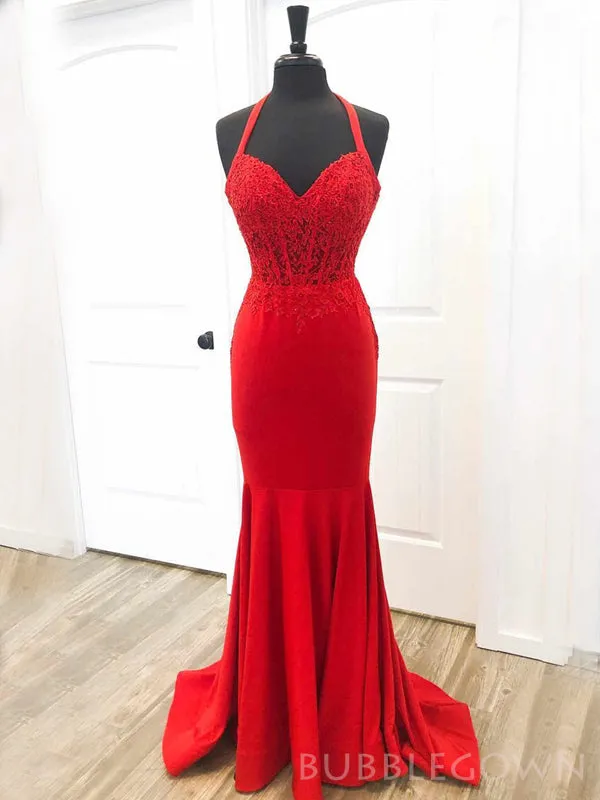 Mermaid Spaghetti Straps Red Appliques Long Evening Prom Dresses, Custom Prom Dress, BGS0127