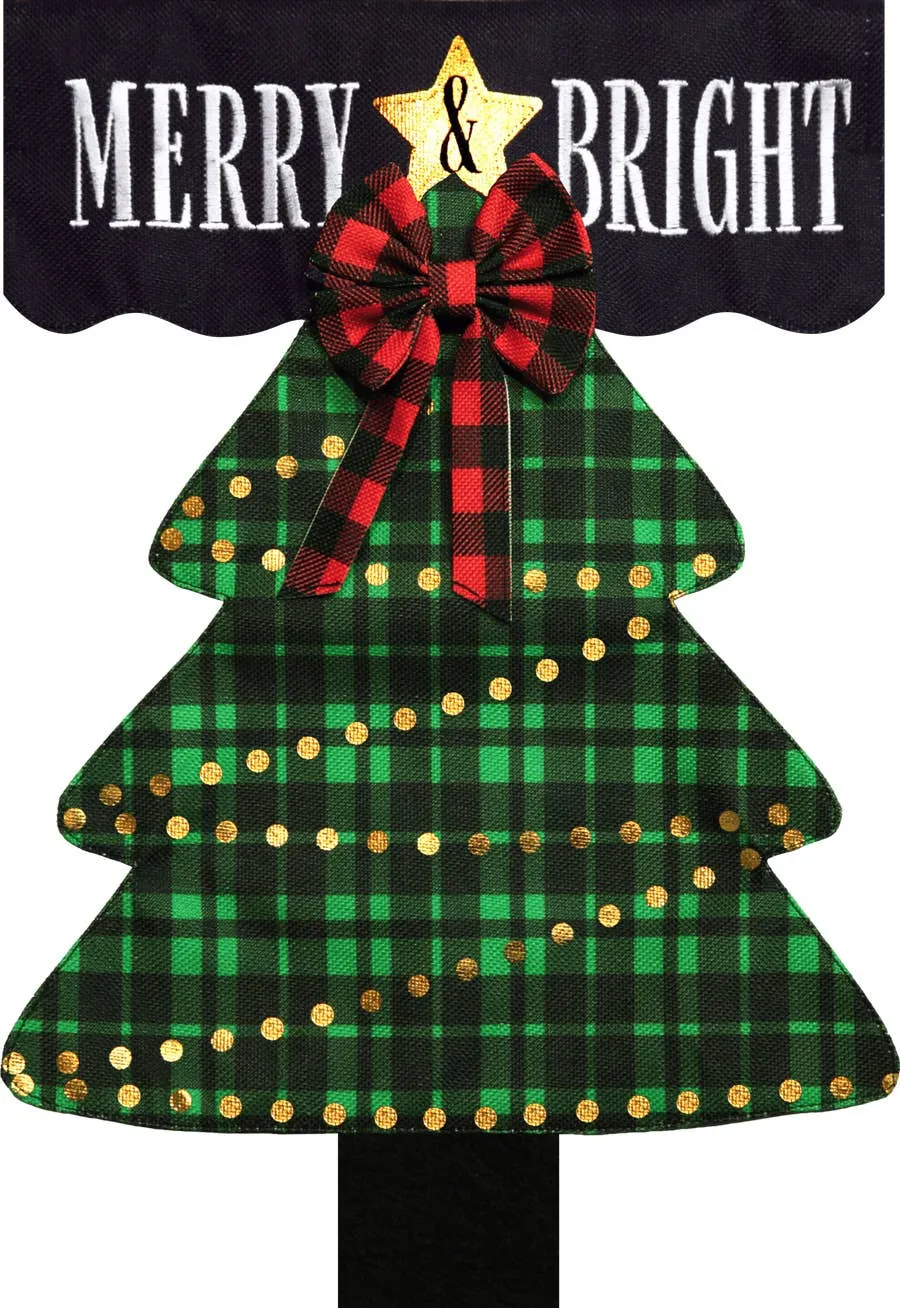 Merry and Bright Tree Burlap Christmas Garden Flag