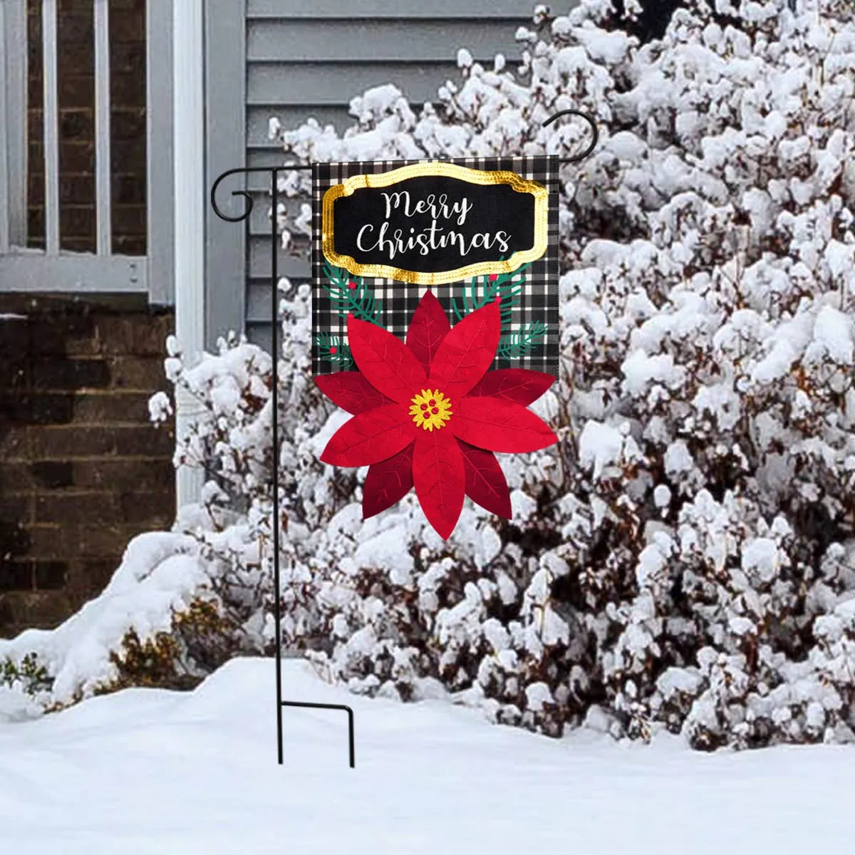 Merry Christmas Poinsettia Burlap Garden Flag 18" x 12.5"