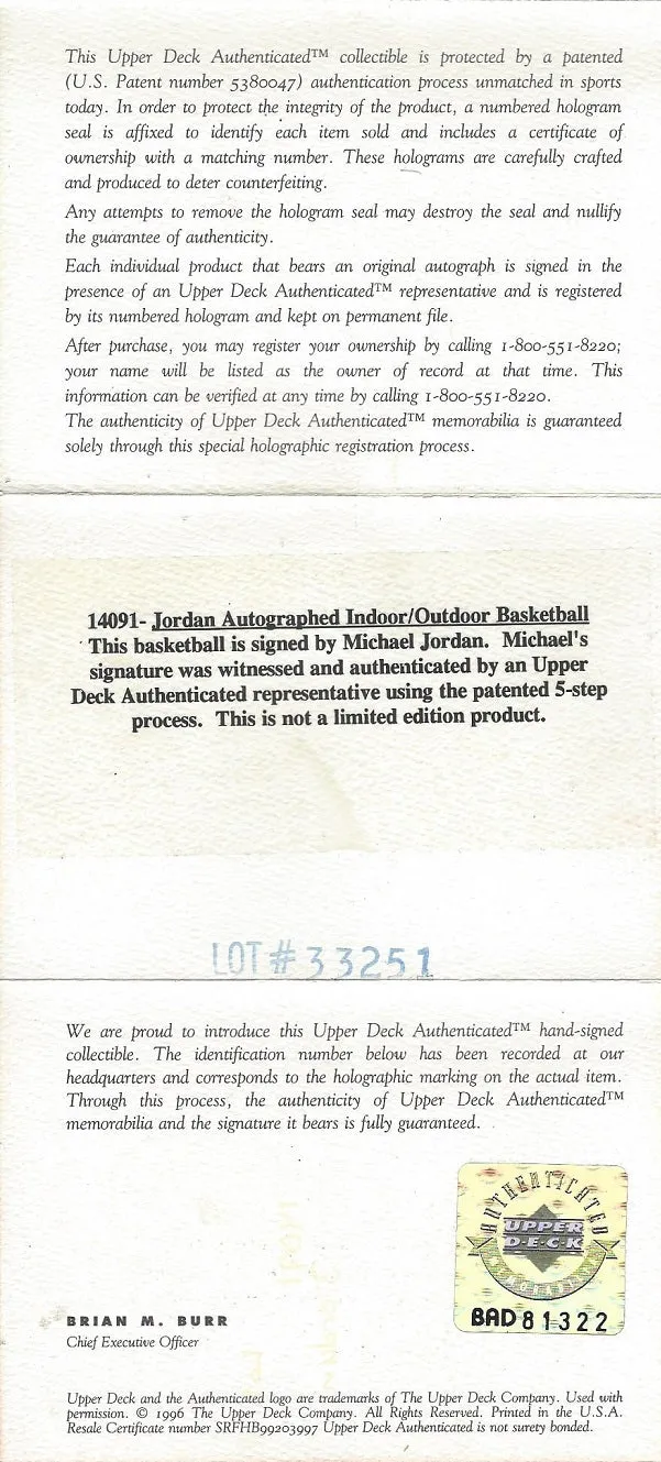 MICHAEL JORDAN SIGNED BASKETBALL AND SPECIAL PRESENTATION DISPLAY CASE