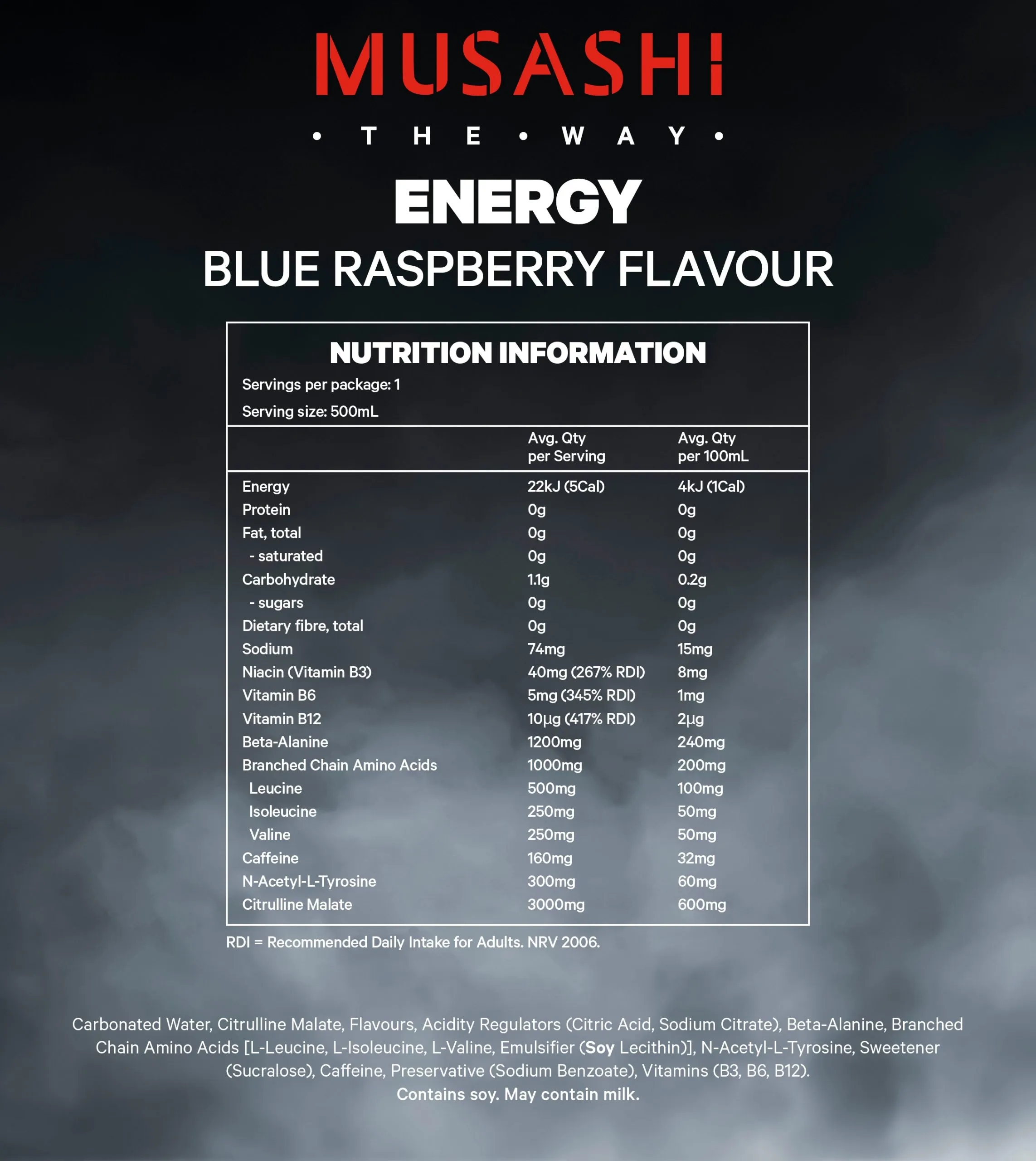 Musashi Energy Drink 500ml x 12 Blue Raspberry [BBD MAY 2025]