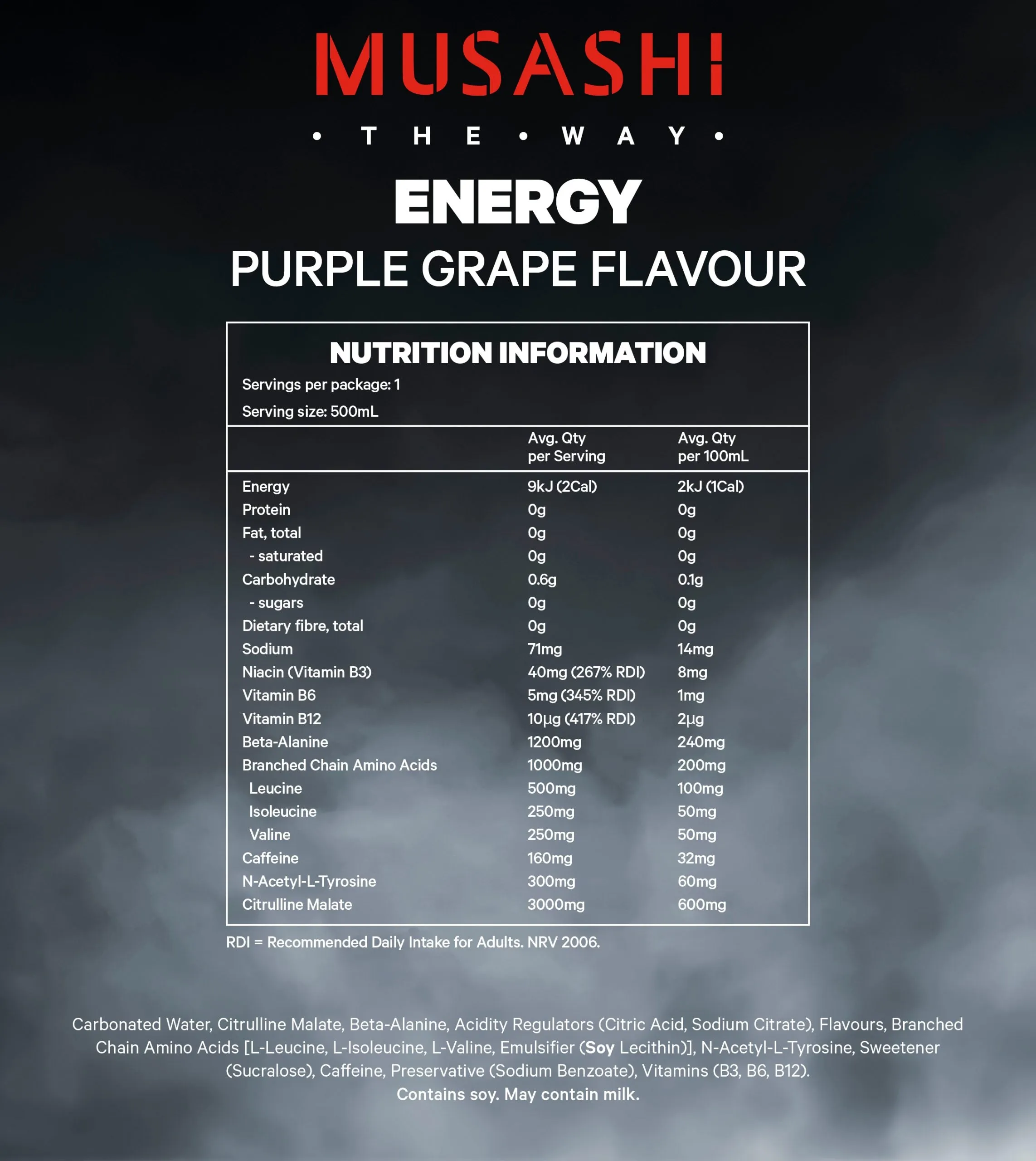 Musashi Energy Drink 500ml x 12 (Purple Grape) Focus | Performance | Energy | Pre-Workout