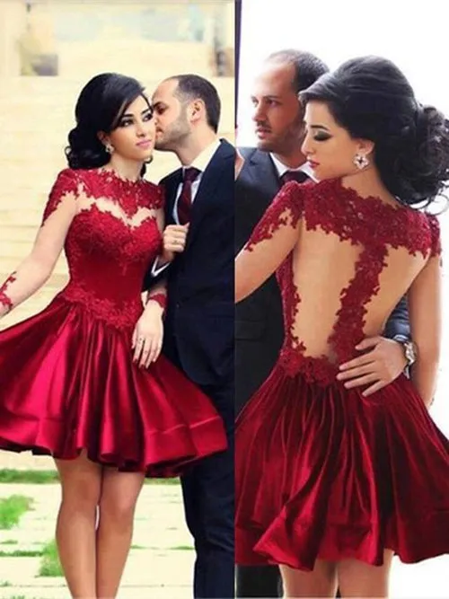 New Arrival Knee-length Lace Long Sleeves High Neck Homecoming Dresses, SH457