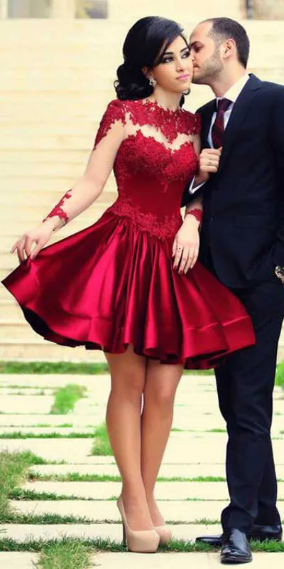New Arrival Knee-length Lace Long Sleeves High Neck Homecoming Dresses, SH457