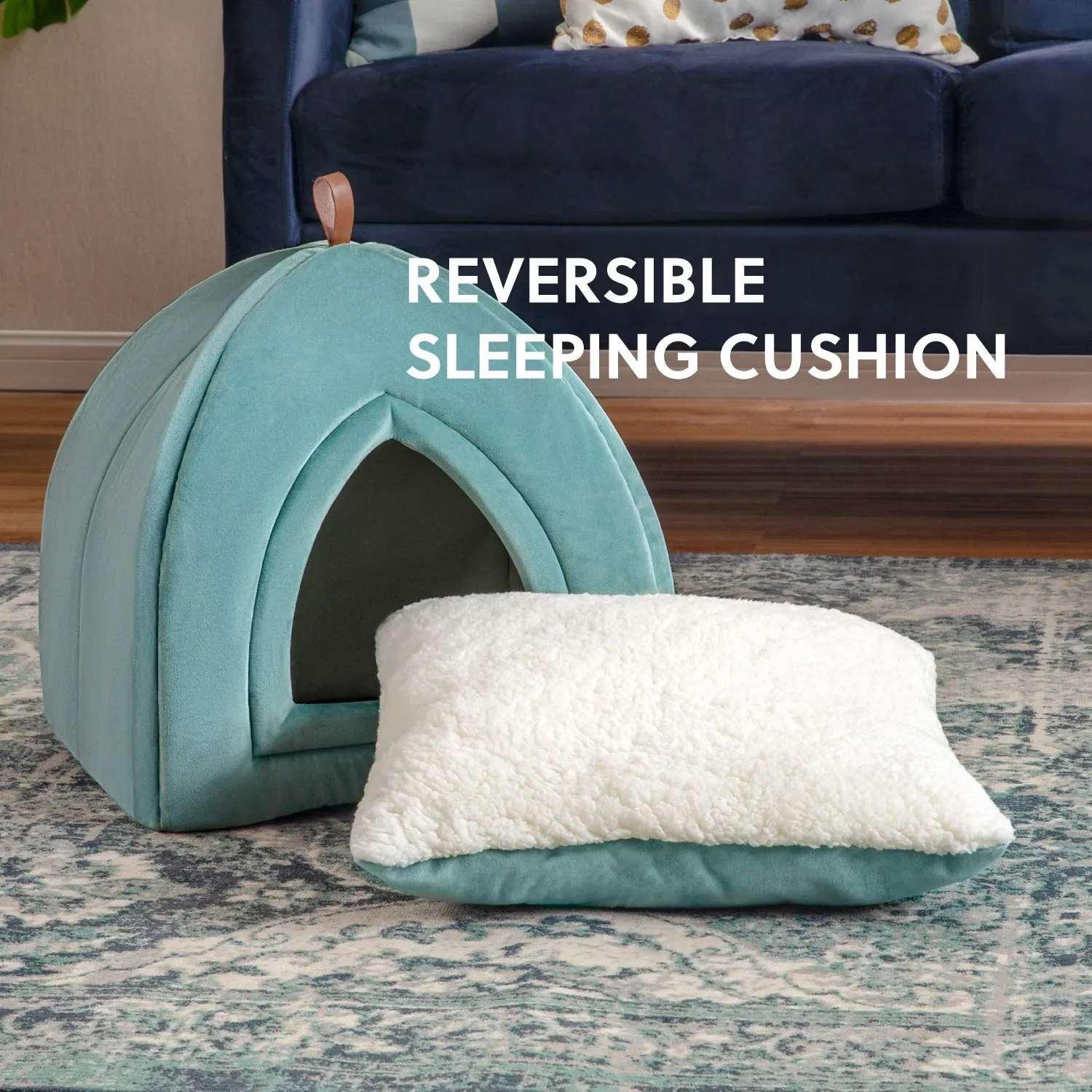 NEW Bedsure Pet Tent Cave Bed for Cats/Small Dogs - 15x15x15 inches 2-in-1 Cat Tent/Kitten Bed/Cat Hut with Removable Washable Cushioned Pillow - Microfiber Indoor Outdoor Pet Beds, Washed Blue