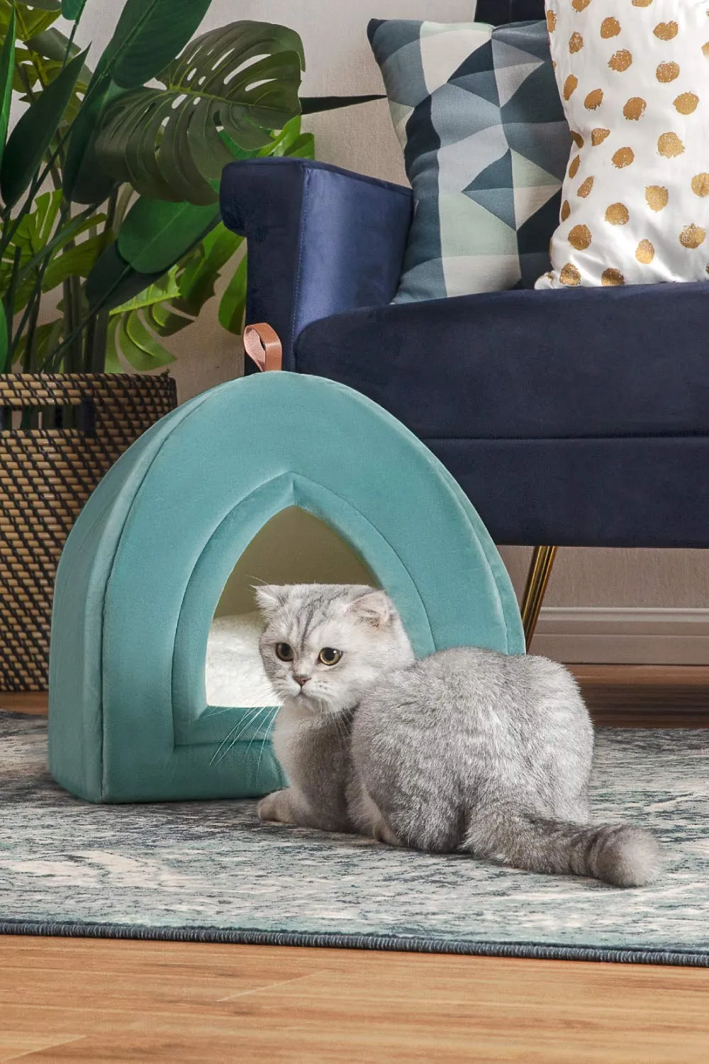 NEW Bedsure Pet Tent Cave Bed for Cats/Small Dogs - 15x15x15 inches 2-in-1 Cat Tent/Kitten Bed/Cat Hut with Removable Washable Cushioned Pillow - Microfiber Indoor Outdoor Pet Beds, Washed Blue