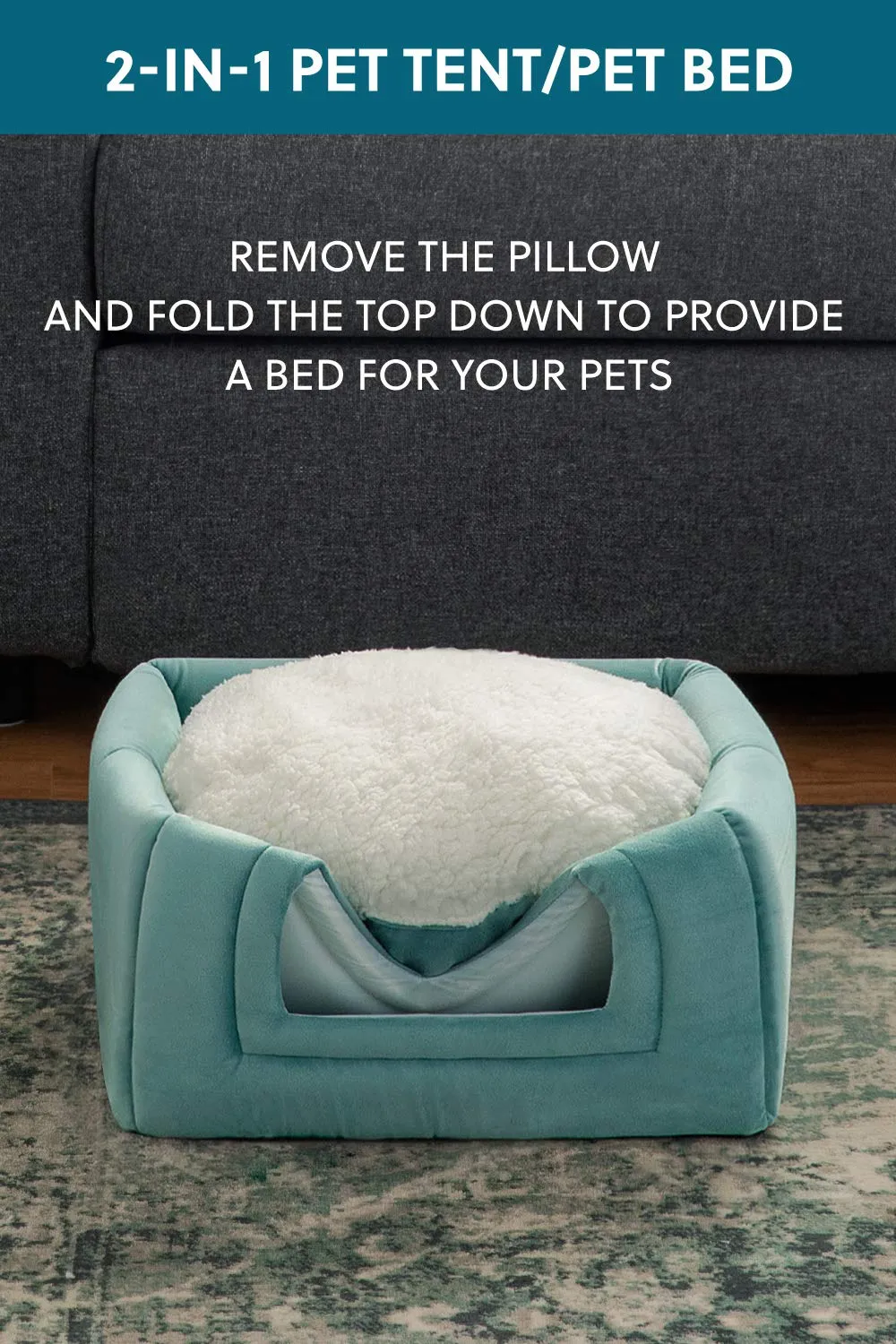 NEW Bedsure Pet Tent Cave Bed for Cats/Small Dogs - 15x15x15 inches 2-in-1 Cat Tent/Kitten Bed/Cat Hut with Removable Washable Cushioned Pillow - Microfiber Indoor Outdoor Pet Beds, Washed Blue