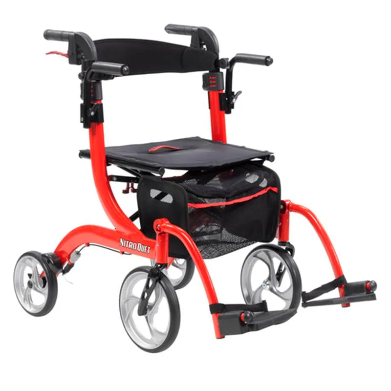 Nitro Duet Dual Function Transport Wheelchair and Rollator Rolling Walker, Red - 1 Each