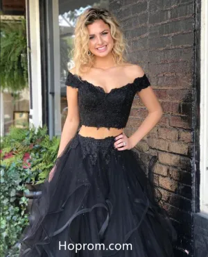 Off Shoulder Two Piece Lace Top Prom Dresses Layers Skirt Black Evening Dresses