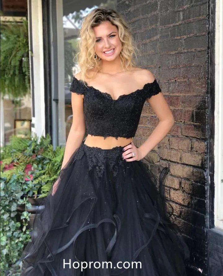 Off Shoulder Two Piece Lace Top Prom Dresses Layers Skirt Black Evening Dresses
