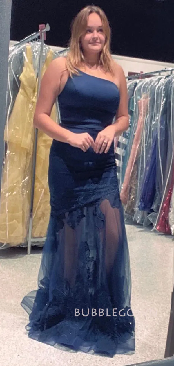 One Shoulder Navy Blue Mermaid Appliques Long Evening Prom Dresses, BGS0372