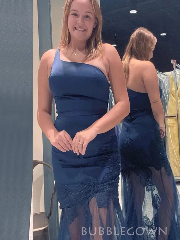 One Shoulder Navy Blue Mermaid Appliques Long Evening Prom Dresses, BGS0372