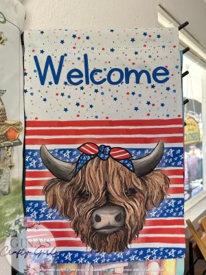 Patriotic Highland Heifer 12 x18 Double Sided Garden Flag