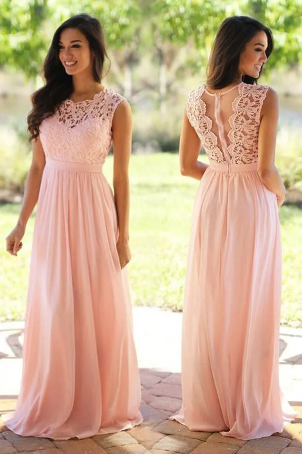 Pink Chiffon Floor Length Lace Sleeveless Evening Dresses Long Prom Dresses, MP271