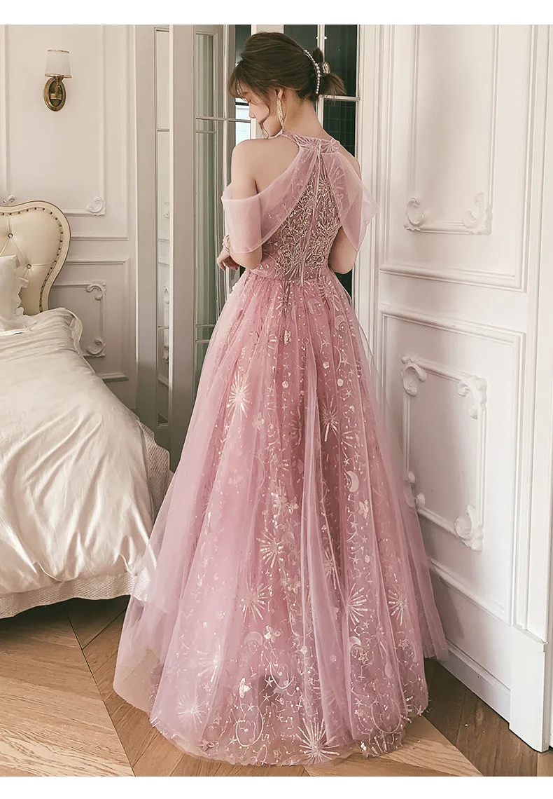 Pink Tulle A-line Long Formal Dresses, Pink High Neckline Party Dresses Prom Dresses