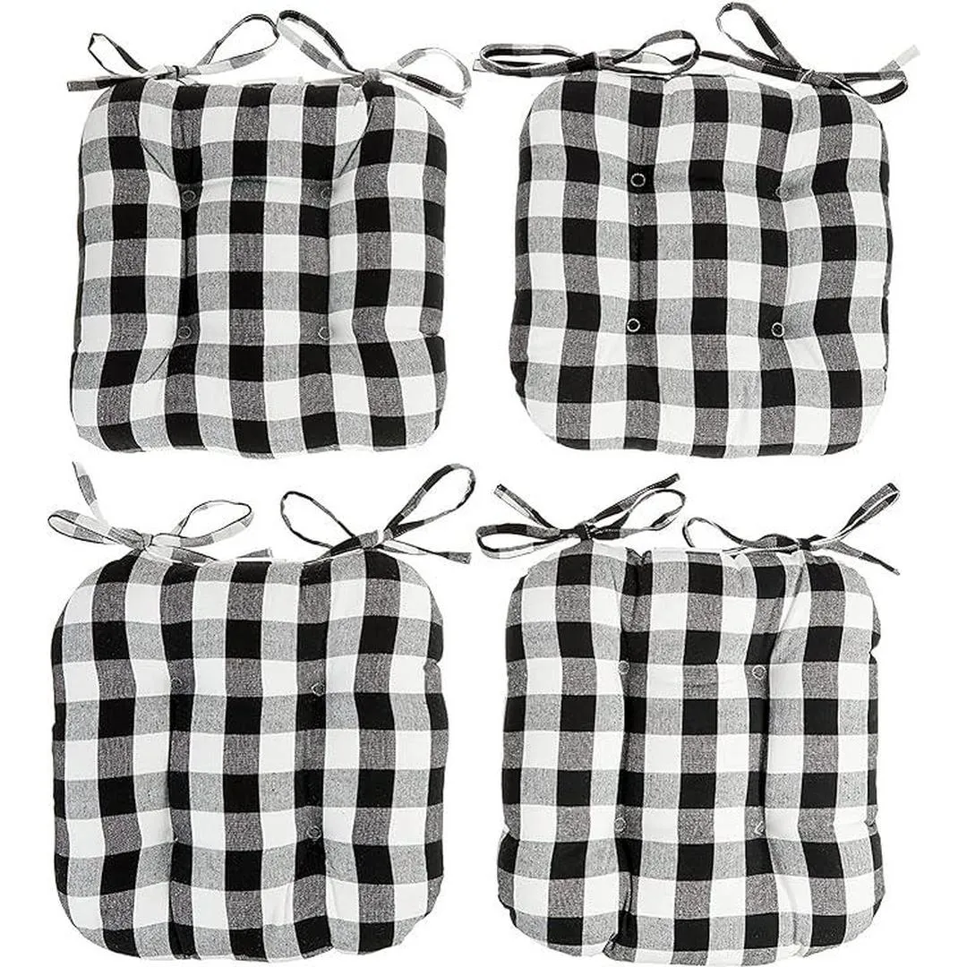 Popular Home Tufted & Extra Thick Cushion Pads Buffalo Plaid Design with Tie Backs Extra Soft Cotton Material Chair Pads , 2 Pack , Size 17" X 17", Bl