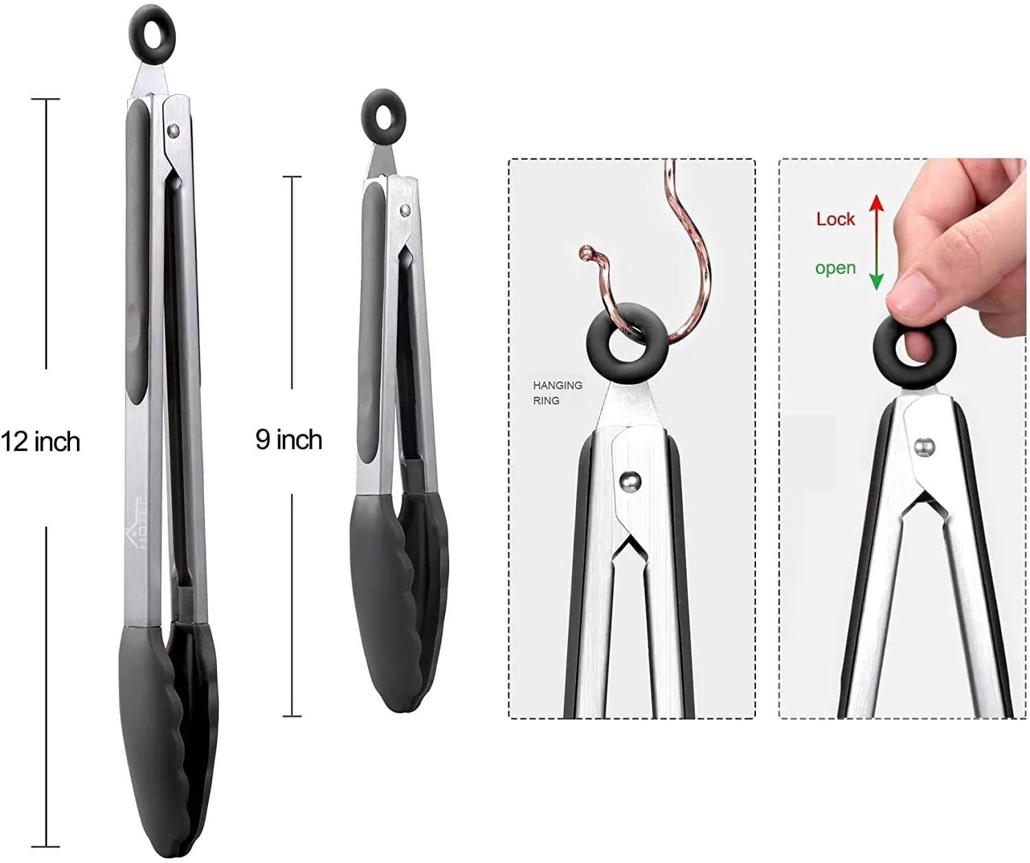 Premium Stainless Steel Locking Kitchen Tongs with Silicon Tips, Set of 9" and 12"