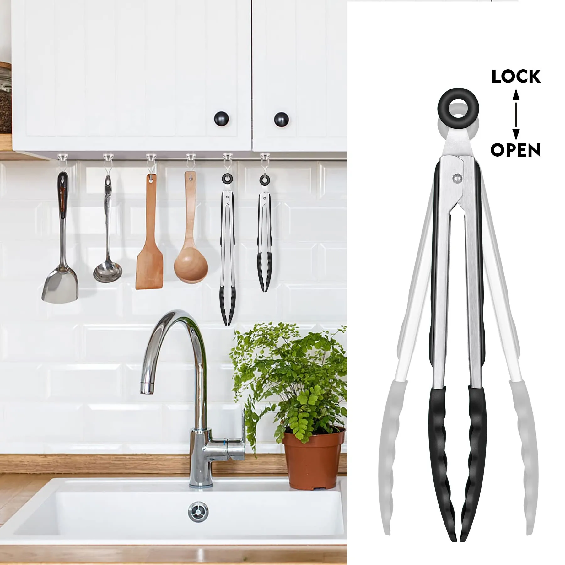 Premium Stainless Steel Locking Kitchen Tongs with Silicon Tips, Set of 9" and 12"