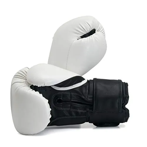 Pro Impact Boxing Gloves - Durable Knuckle Protection w/Wrist Support for Boxing MMA Muay Thai or Fighting Sports Training/Sparring Use White Black PU 12