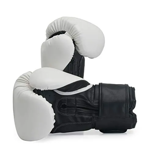 Pro Impact Boxing Gloves - Durable Knuckle Protection w/Wrist Support for Boxing MMA Muay Thai or Fighting Sports Training/Sparring Use White Black PU 12