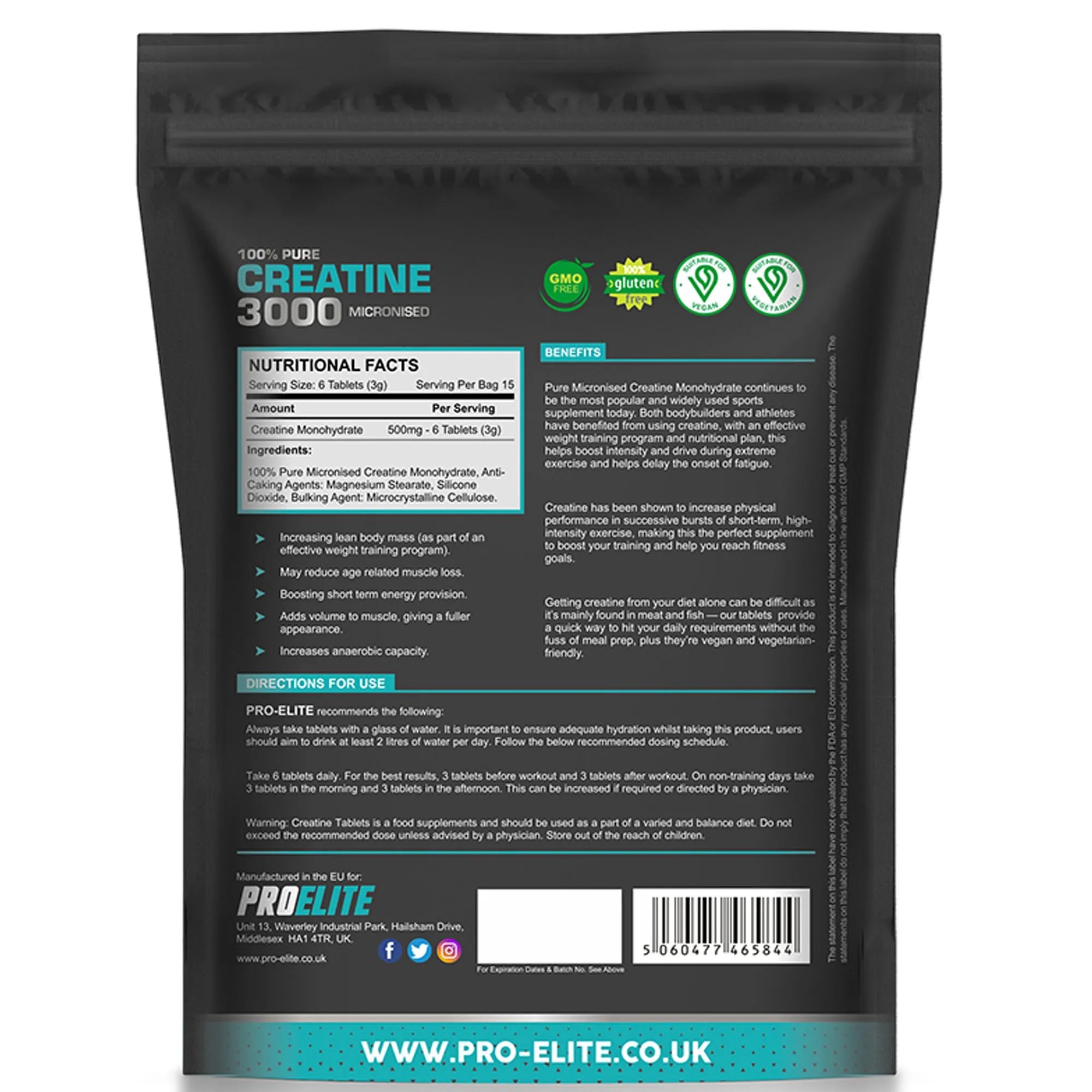 PROELITE Creatine Monohydrate 500mg Vegan Tablets