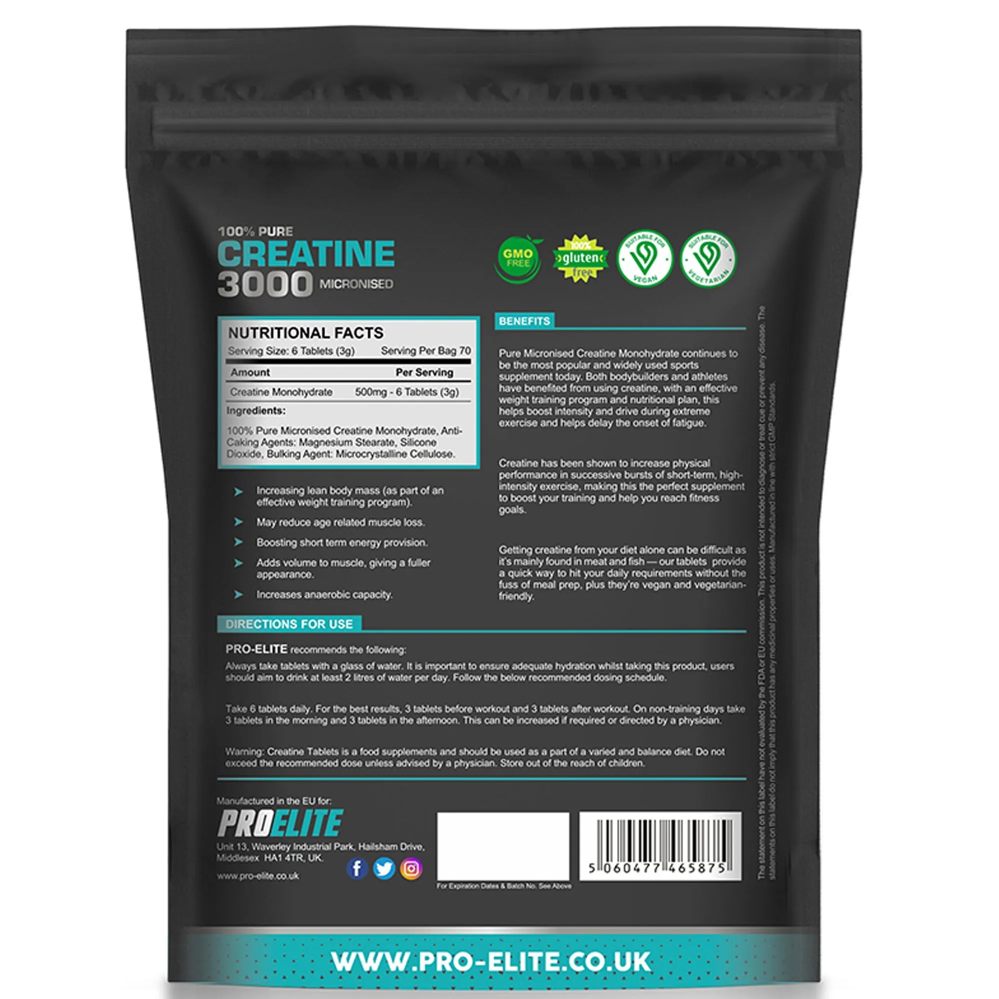 PROELITE Creatine Monohydrate 500mg Vegan Tablets