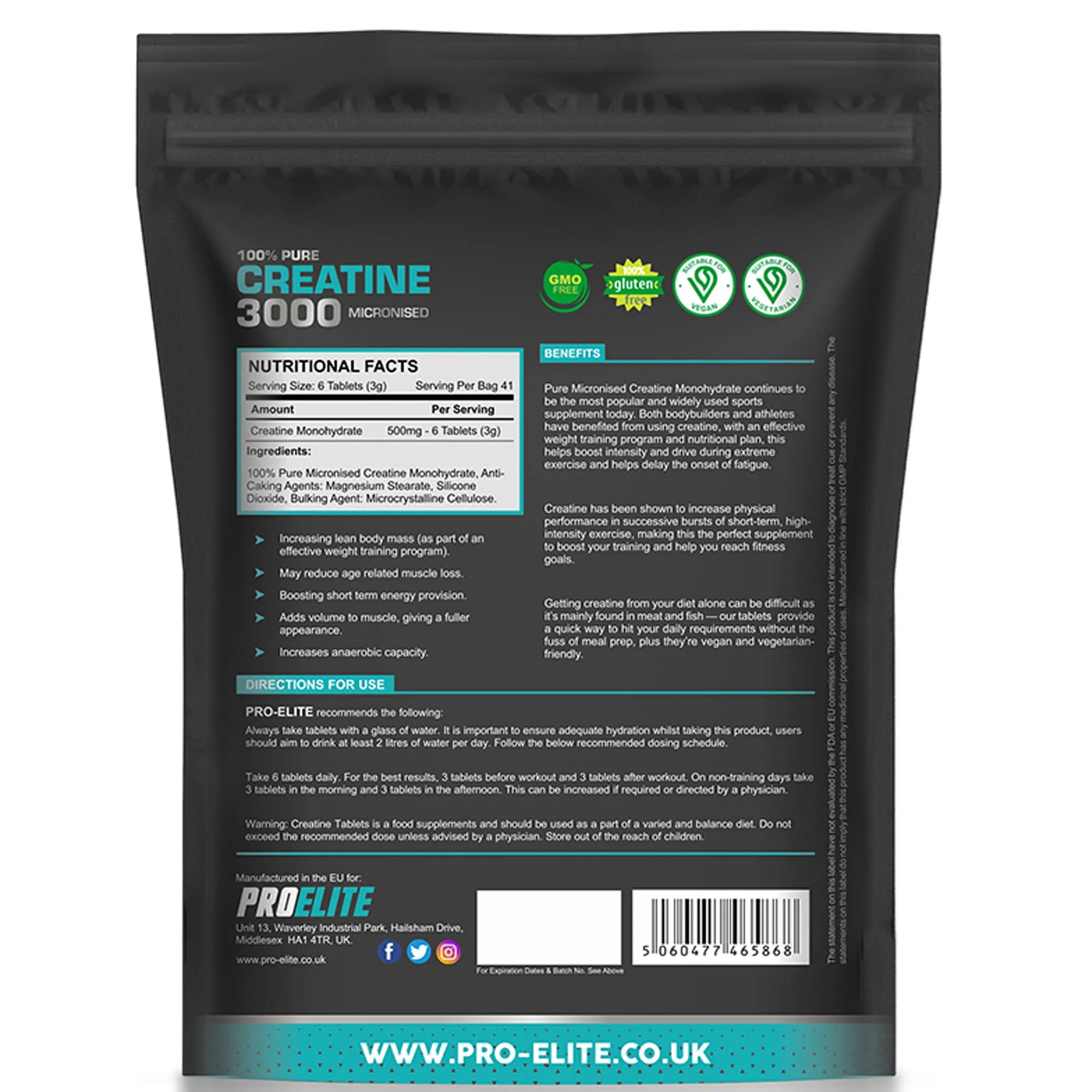 PROELITE Creatine Monohydrate 500mg Vegan Tablets