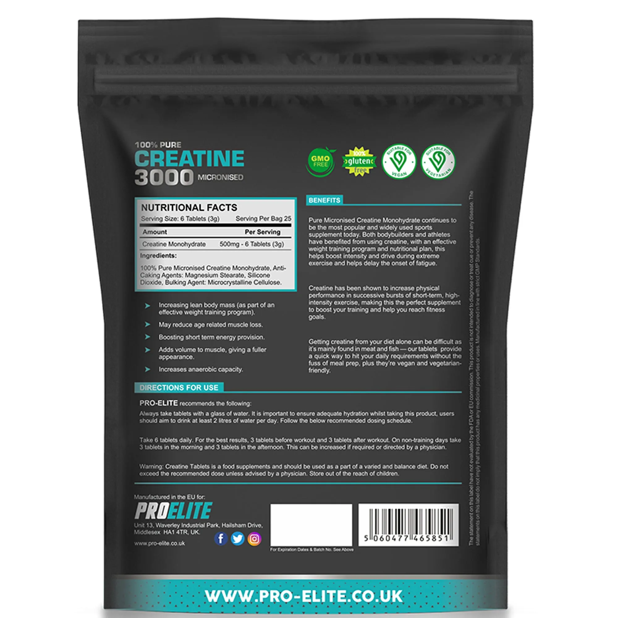 PROELITE Creatine Monohydrate 500mg Vegan Tablets