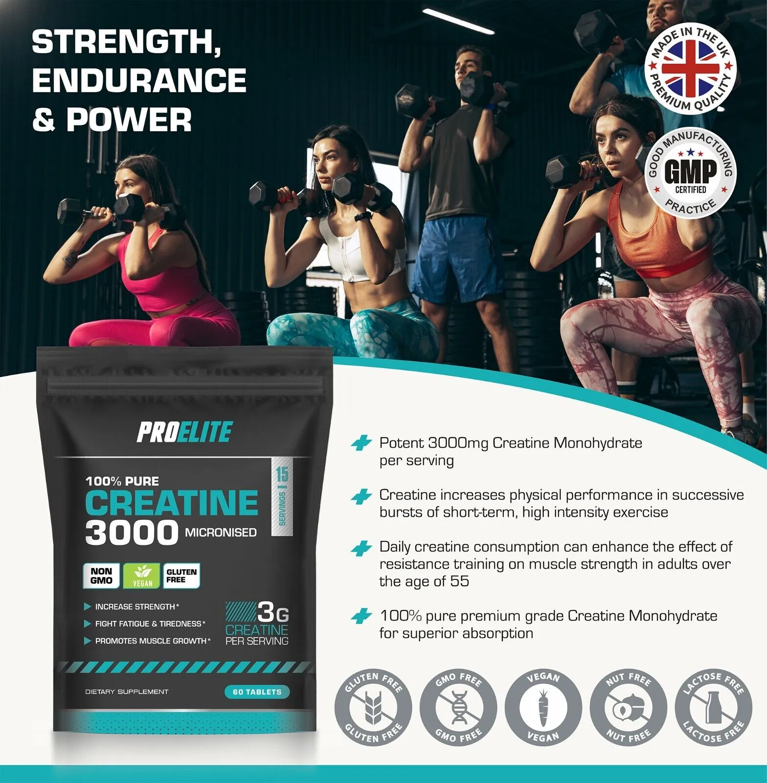 PROELITE Creatine Monohydrate 500mg Vegan Tablets