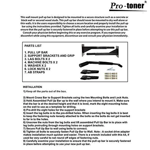 Protoner Wall Mounting Chin Up Bar and Ab Strap Combo