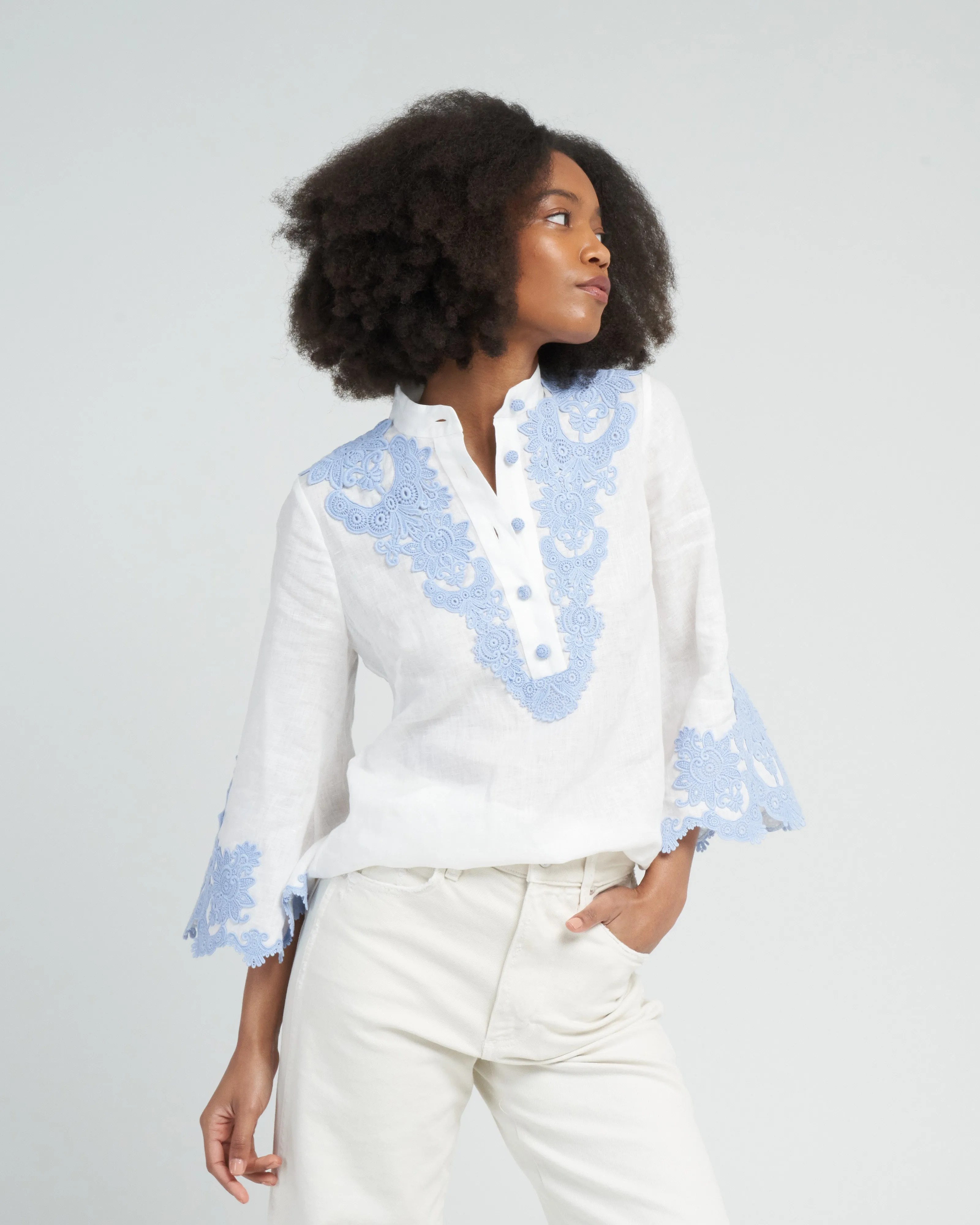 raie embroidered trim top - ivory/blue