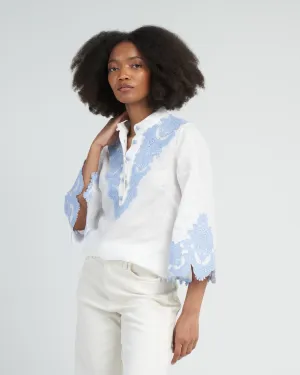 raie embroidered trim top - ivory/blue