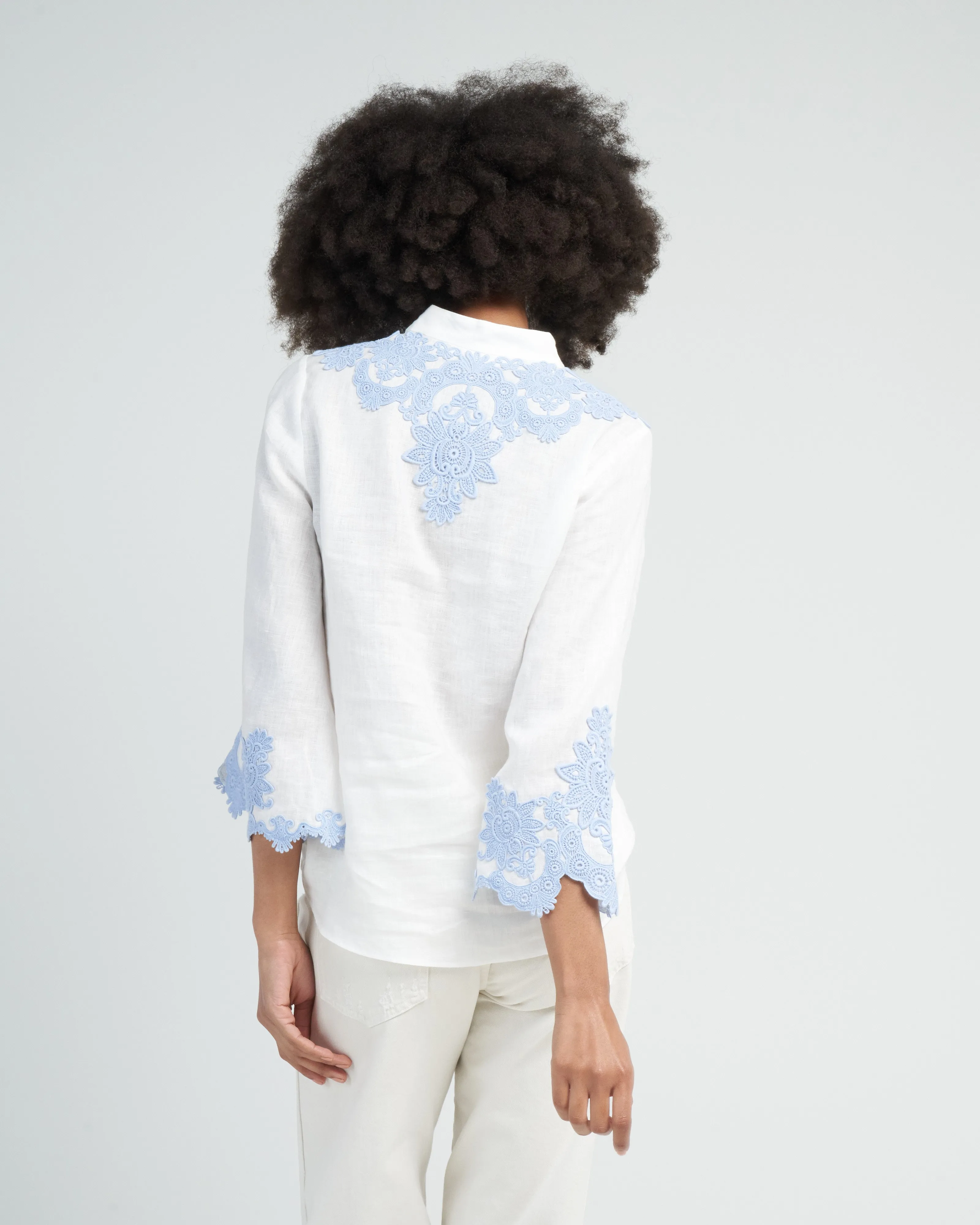 raie embroidered trim top - ivory/blue