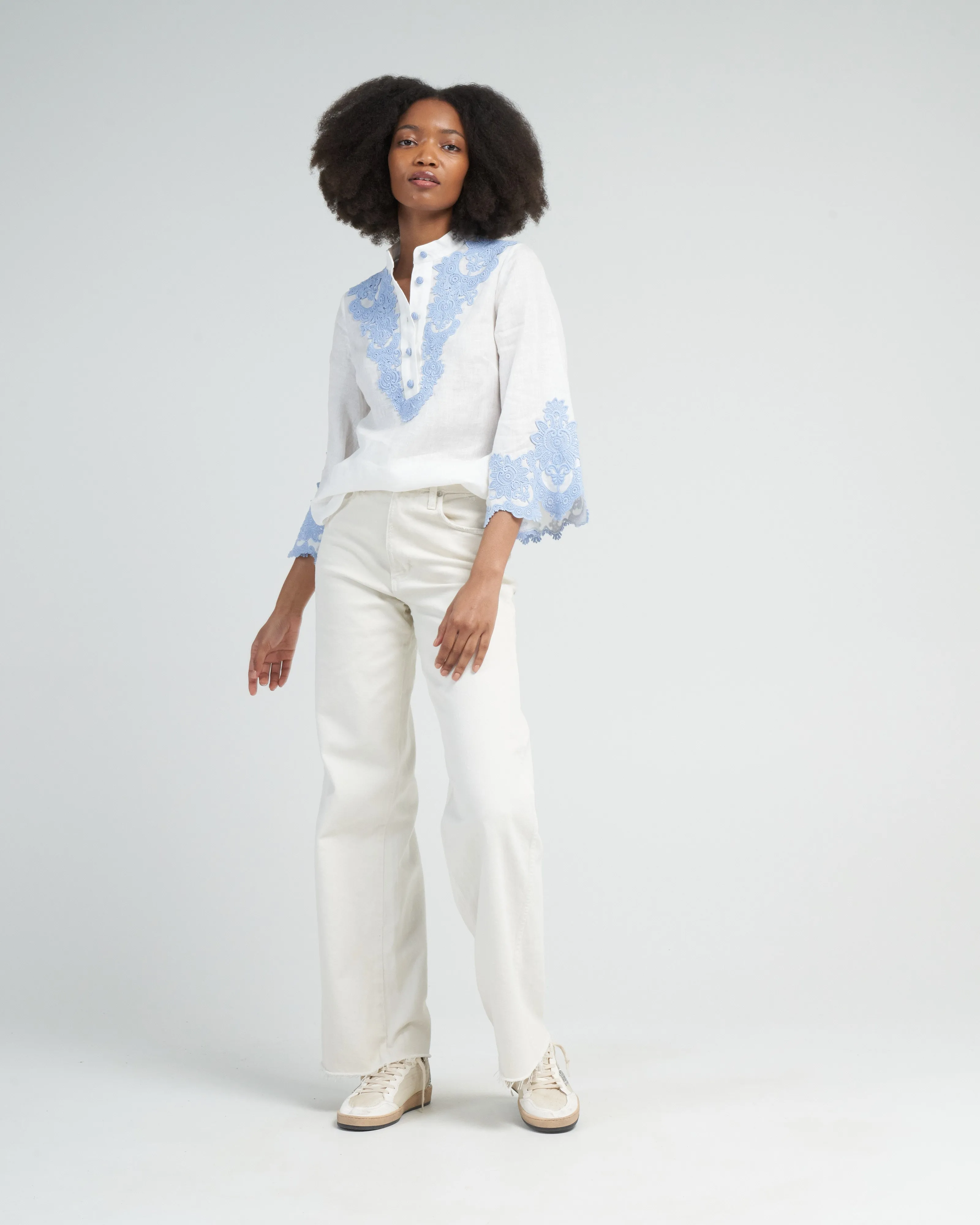 raie embroidered trim top - ivory/blue