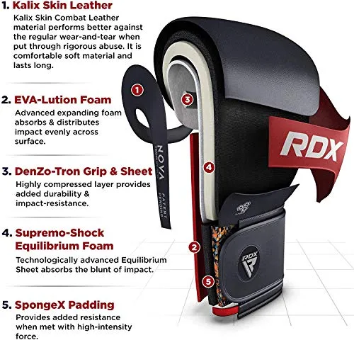 RDX Boxing Gloves for Training & Muay Thai | Kalix Skin Combat Leather Mitts for Sparring, Kickboxing, Fighting | Great for Heavy Punch Bag, Double End Speed Ball & Focus Pads Punching