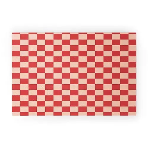 Red and Pink Checker Pattern Welcome Mat