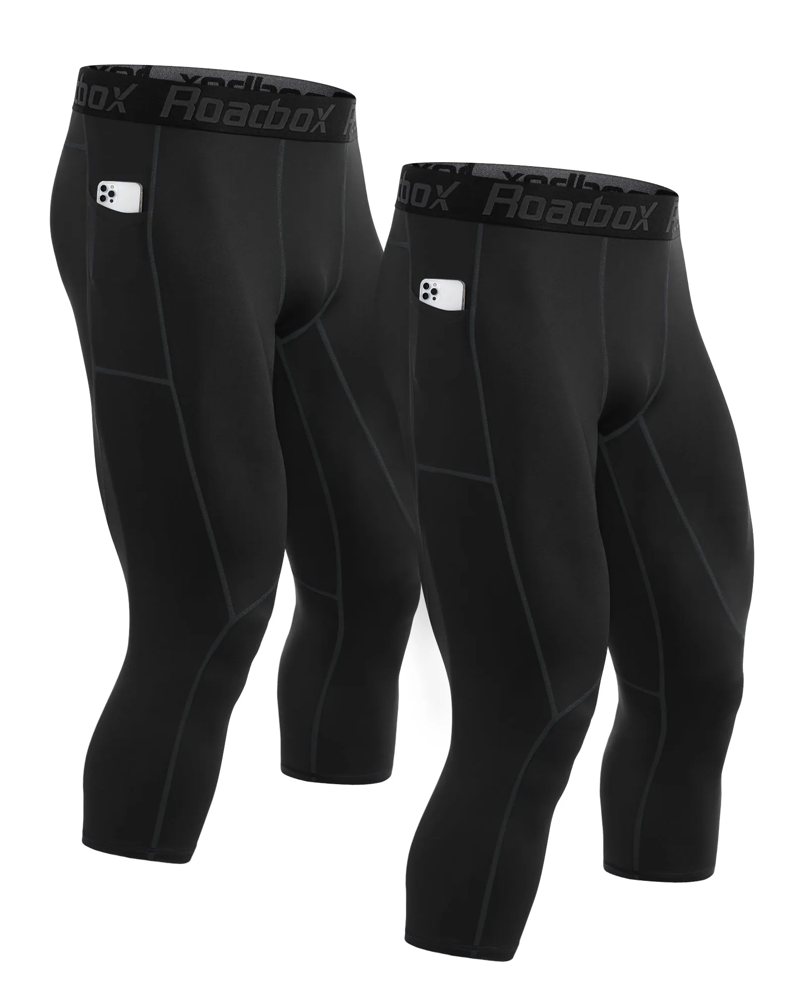 Roadbox 3/4 Compression Pants Mens with Pockets Running Base Layer Legging Tights Athletic