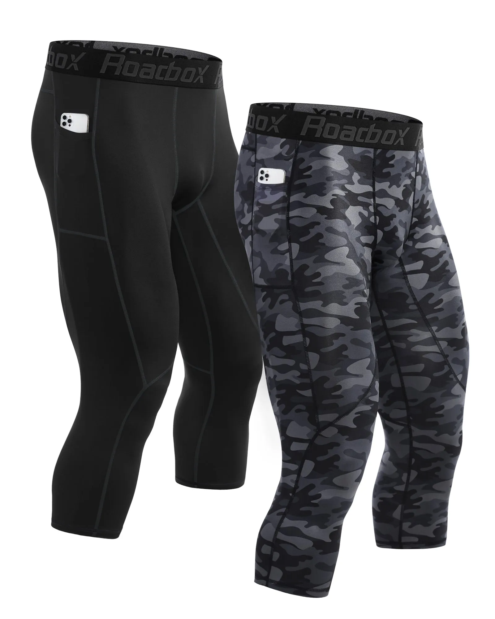 Roadbox 3/4 Compression Pants Mens with Pockets Running Base Layer Legging Tights Athletic