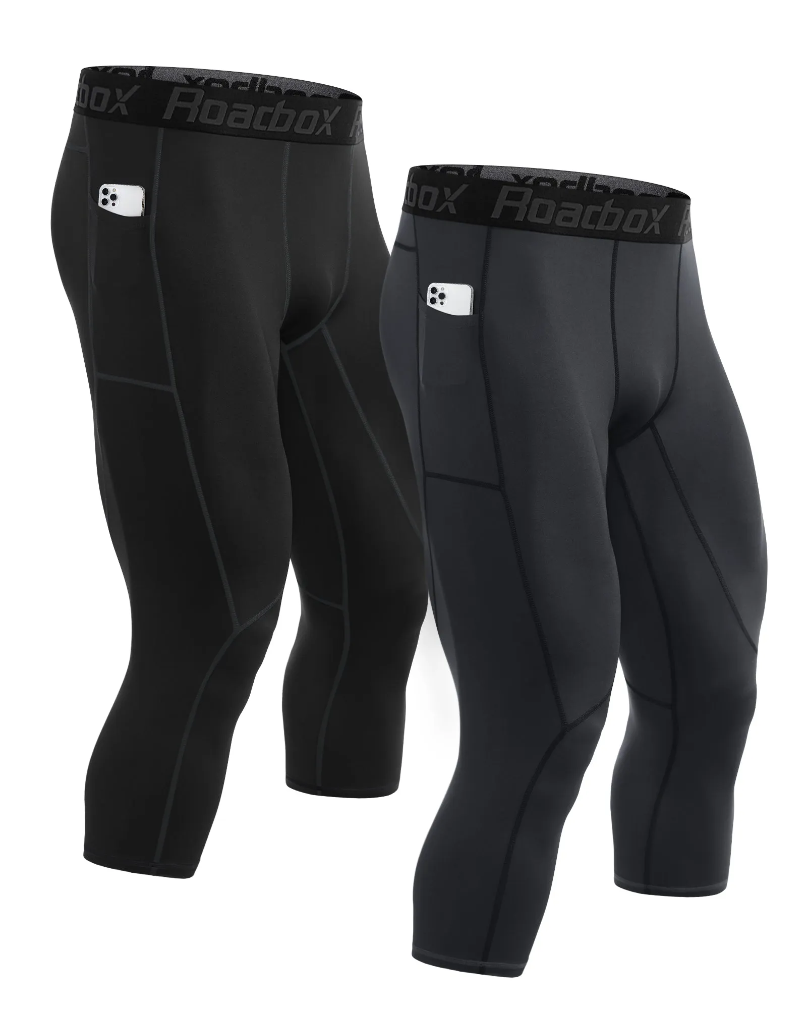 Roadbox 3/4 Compression Pants Mens with Pockets Running Base Layer Legging Tights Athletic