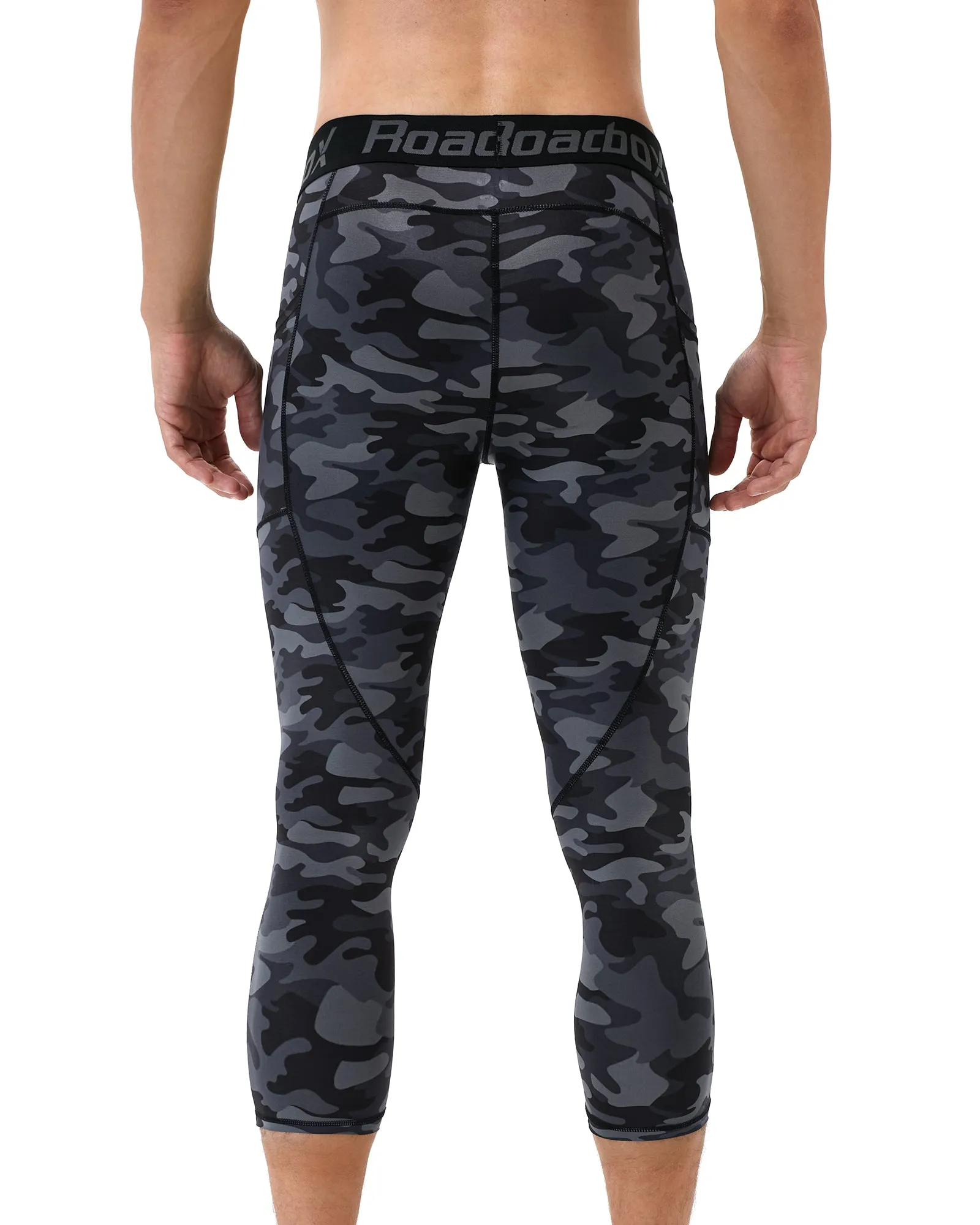 Roadbox 3/4 Compression Pants Mens with Pockets Running Base Layer Legging Tights Athletic