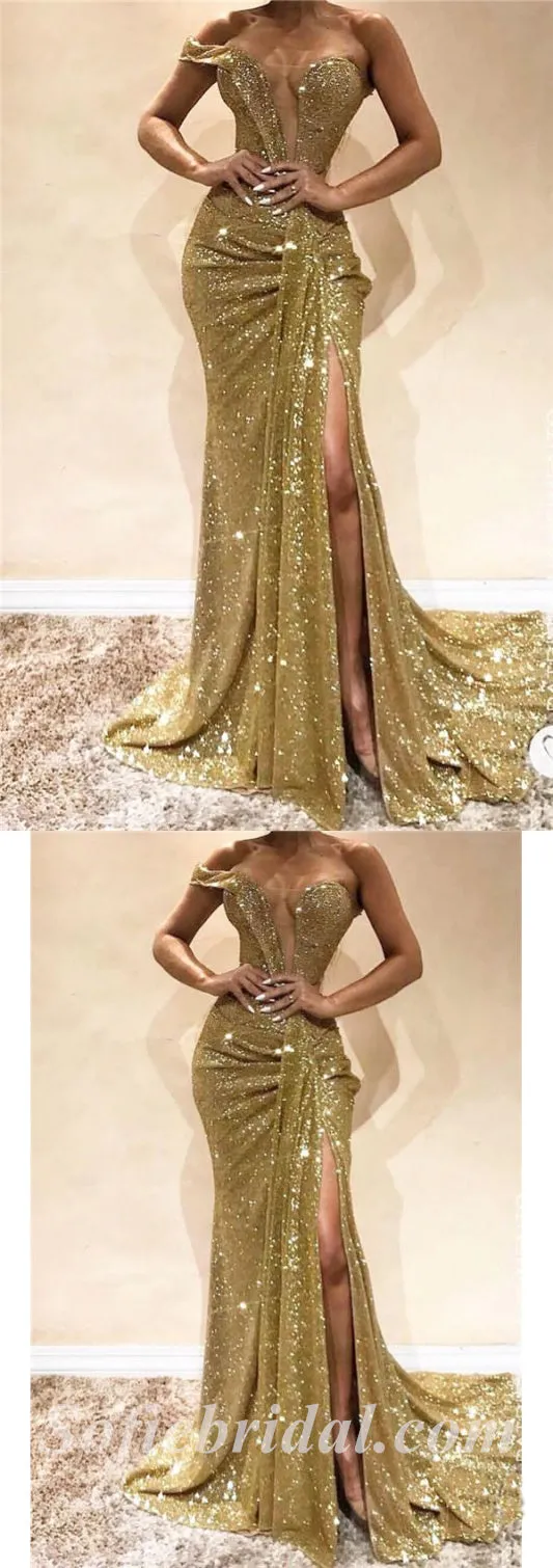 Sexy Charming Sequin V-Neck Off Shoulder Sleeveless Side Slit Mermaid Long Prom Dresses,SFPD0538